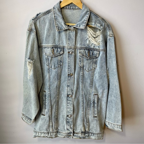 JudyBridal Oversized Women’s Denim Ripped Boyfriend Jean Jacket Long Sleeve Sz M - Picture 15 of 15